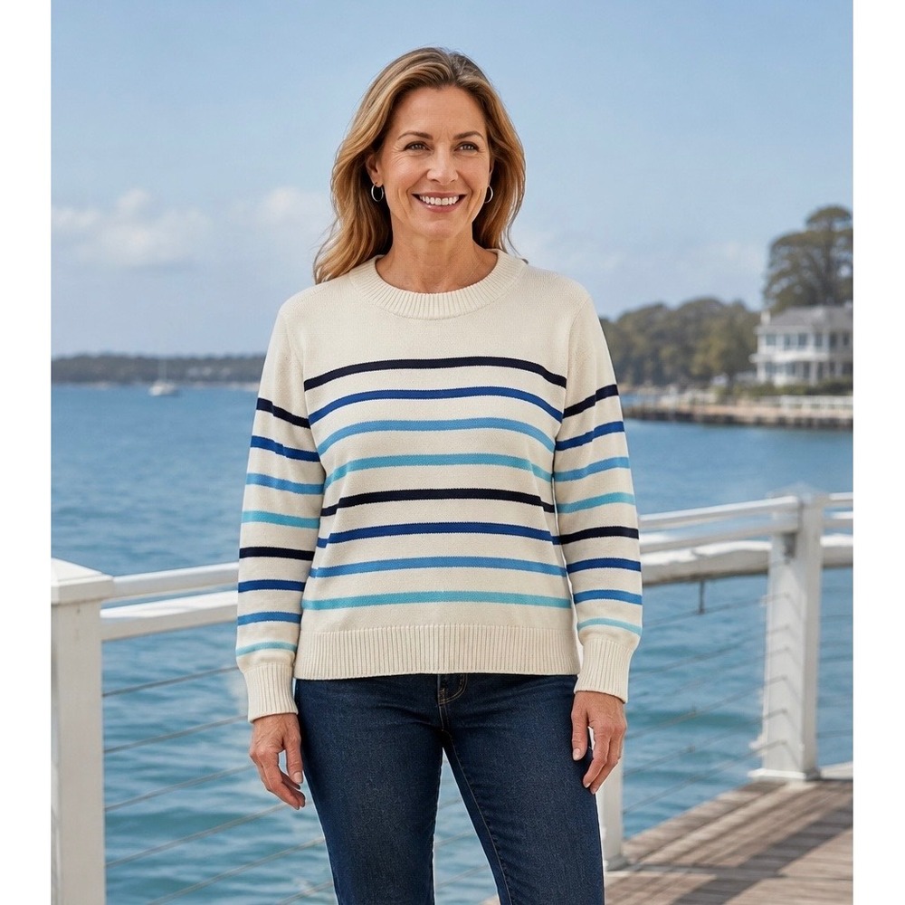 Talbots Womens Large Cream Blue Striped Crewneck Drop Shoulder Knit Sweater